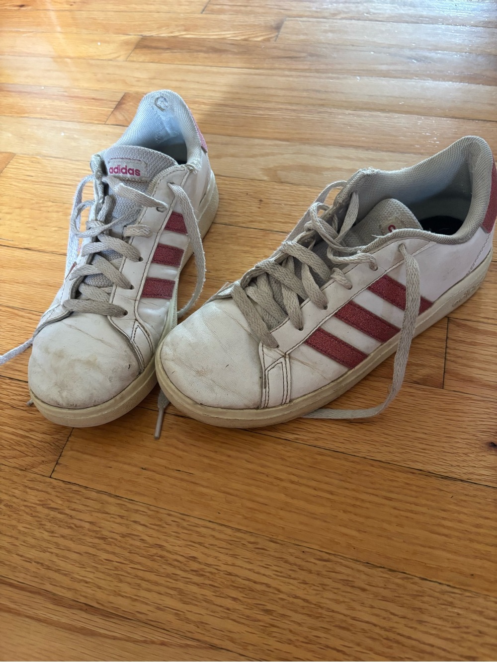 adidas White Sneakers with Pink Stripes